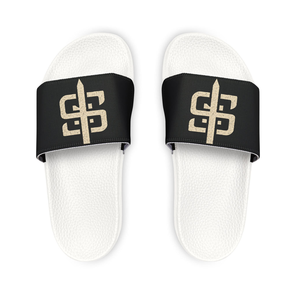 Slide Sandals — Black Strap Slides with Gold Stay Silent Emblem
