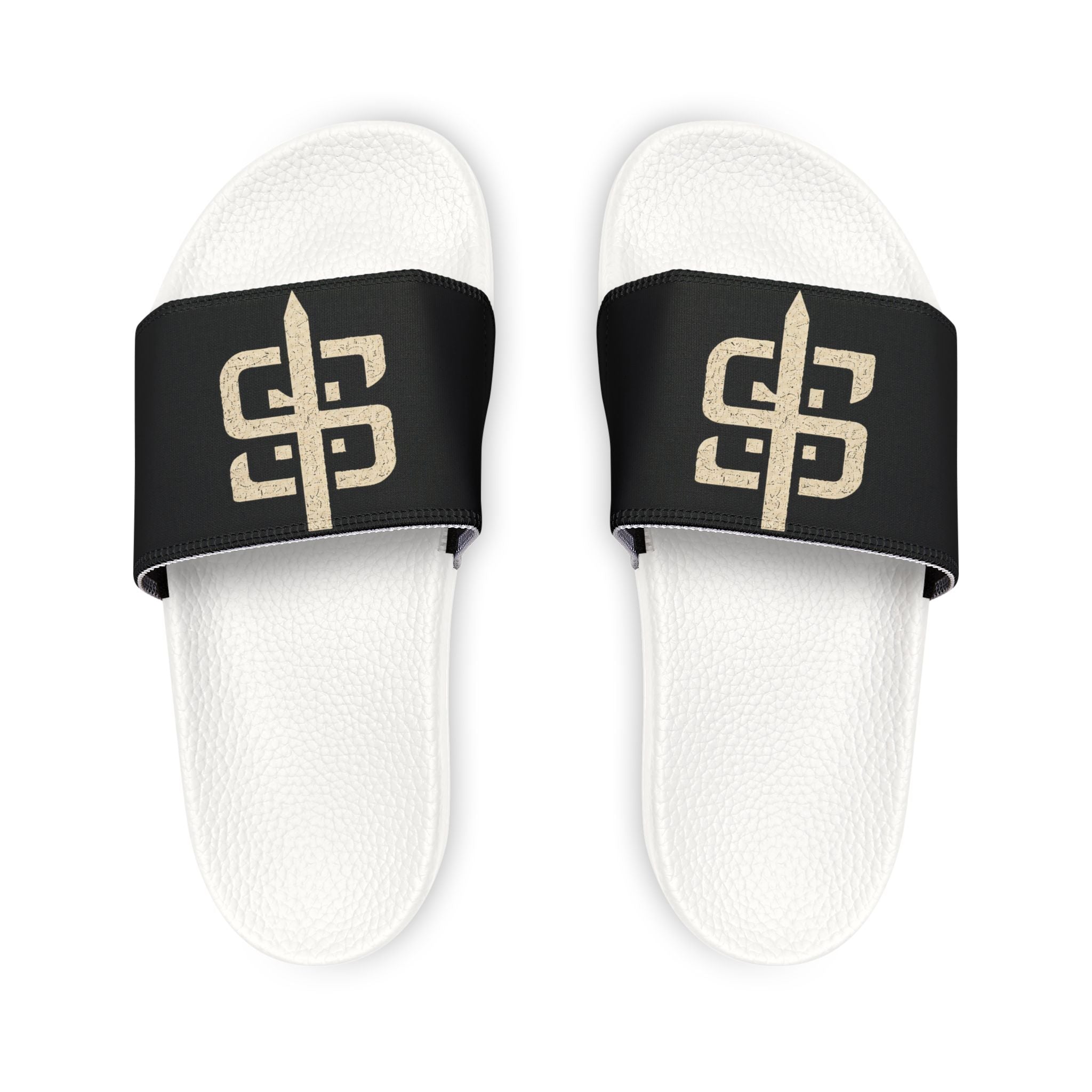 Slide Sandals — Black Strap Slides with Gold Stay Silent Emblem