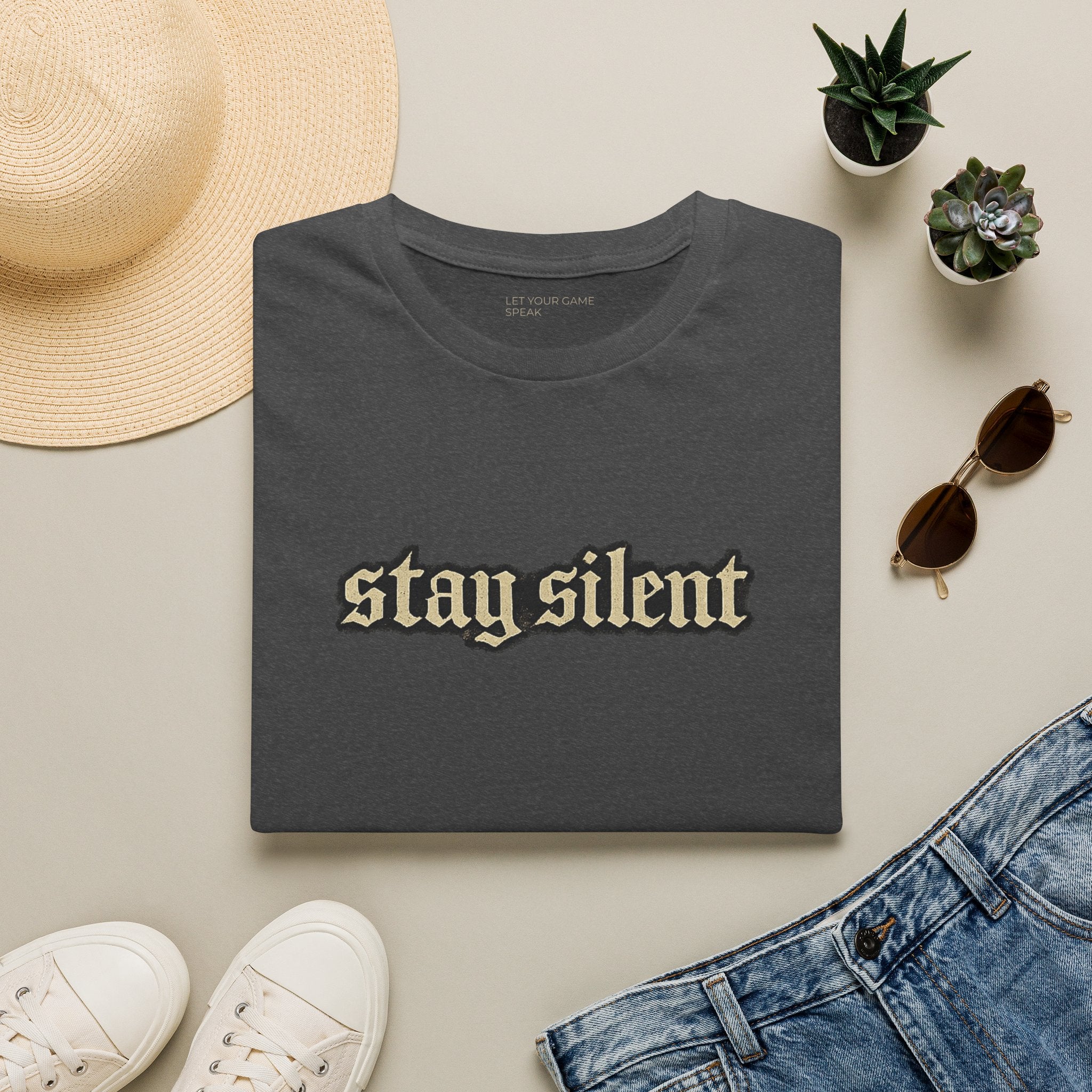 Stay Silent T-Shirt — Minimal Gothic Text Tee
