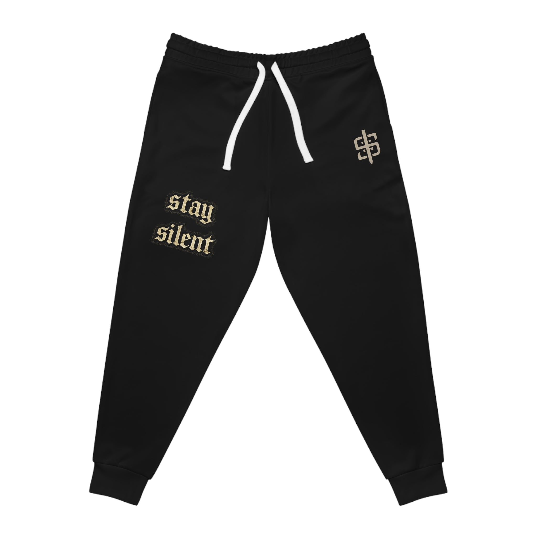 Stay Silent Joggers — Black Athletic Sweatpants with Gothic 'stay silent' Text