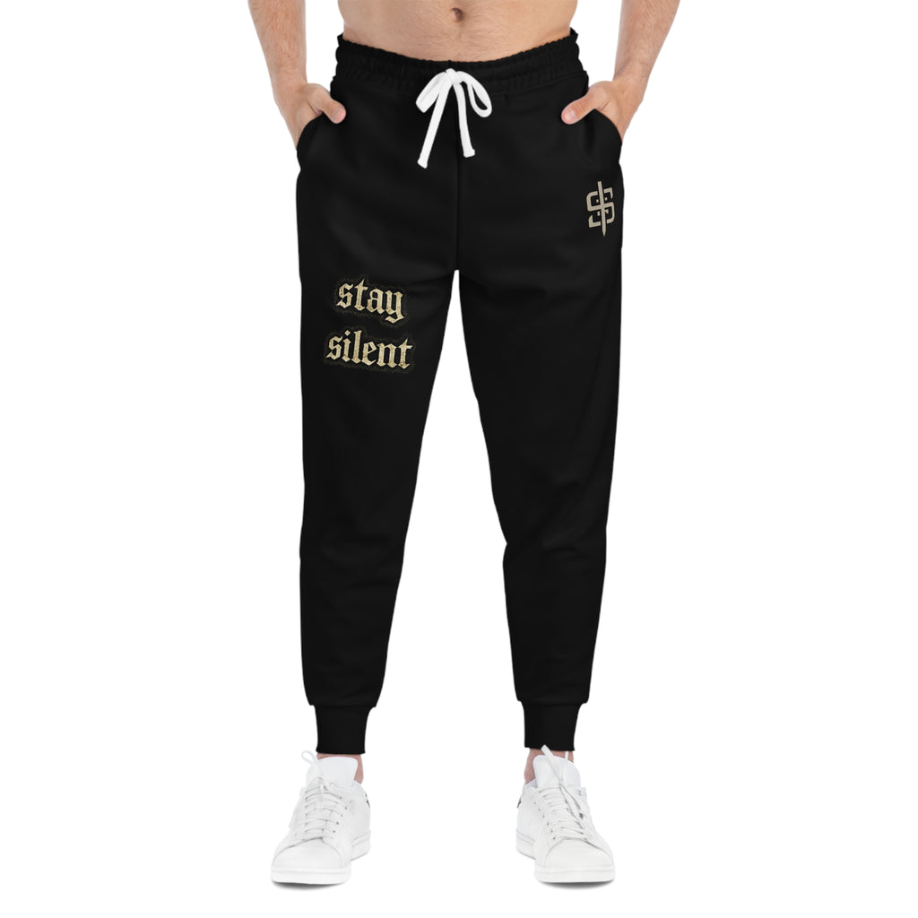 Stay Silent Joggers — Black Athletic Sweatpants with Gothic 'stay silent' Text