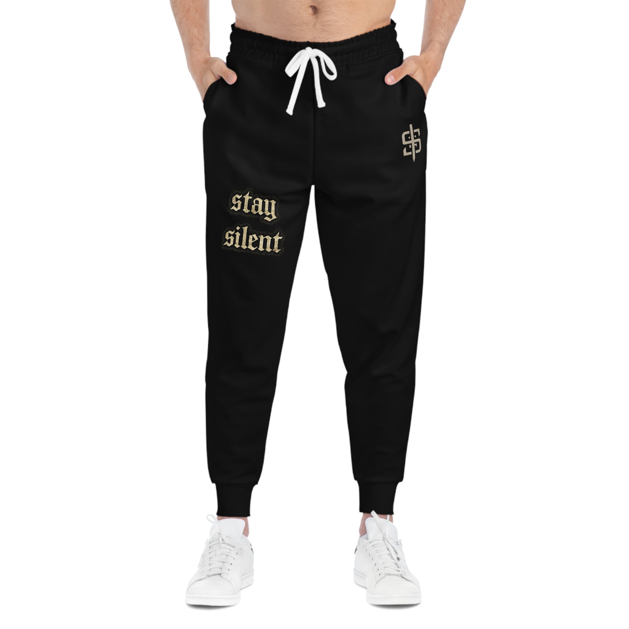 Stay Silent Joggers — Black Athletic Sweatpants with Gothic 'stay silent' Text
