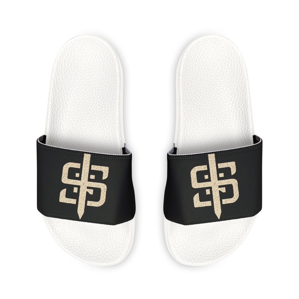 Slide Sandals — Black Strap Slides with Gold Stay Silent Emblem