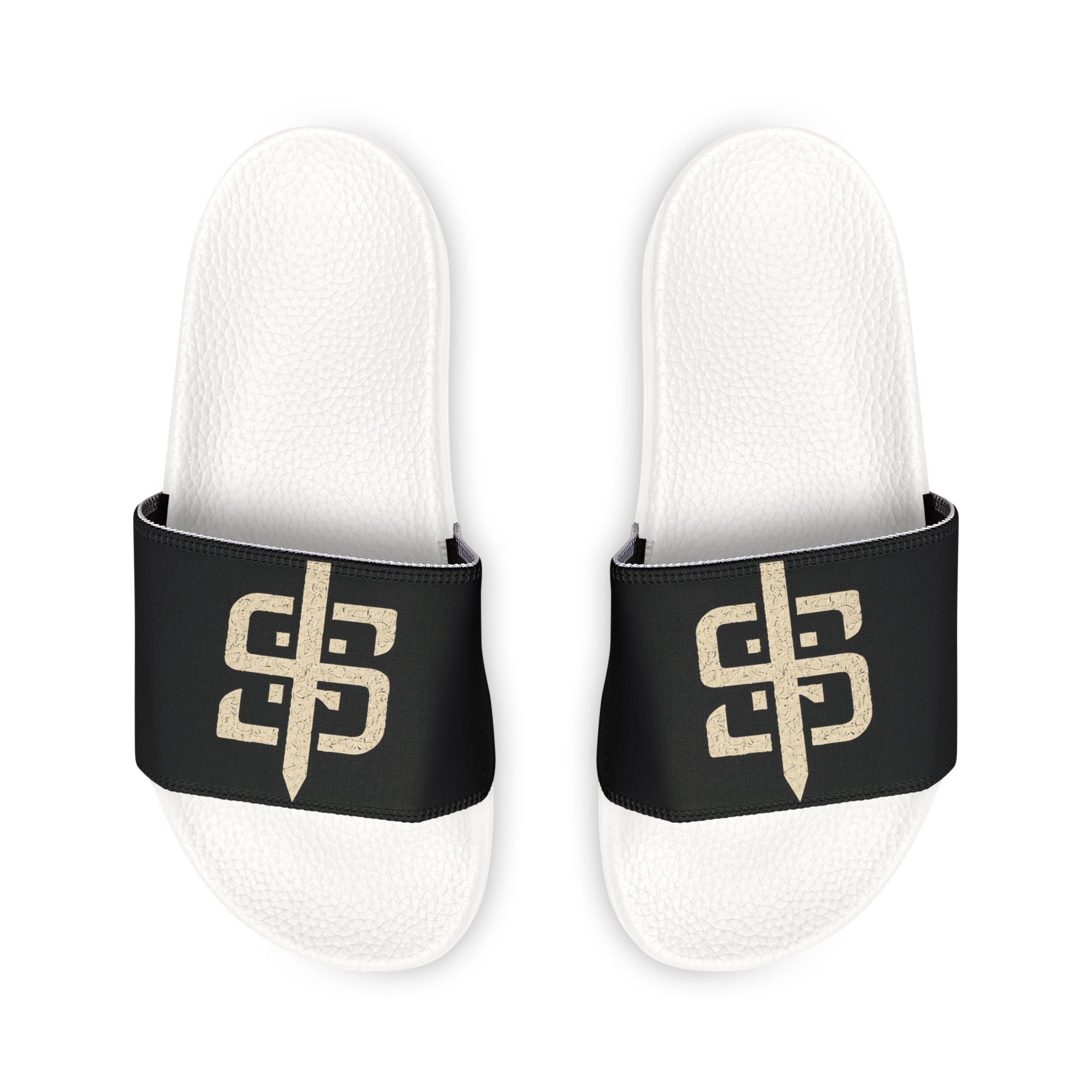 Slide Sandals — Black Strap Slides with Gold Stay Silent Emblem