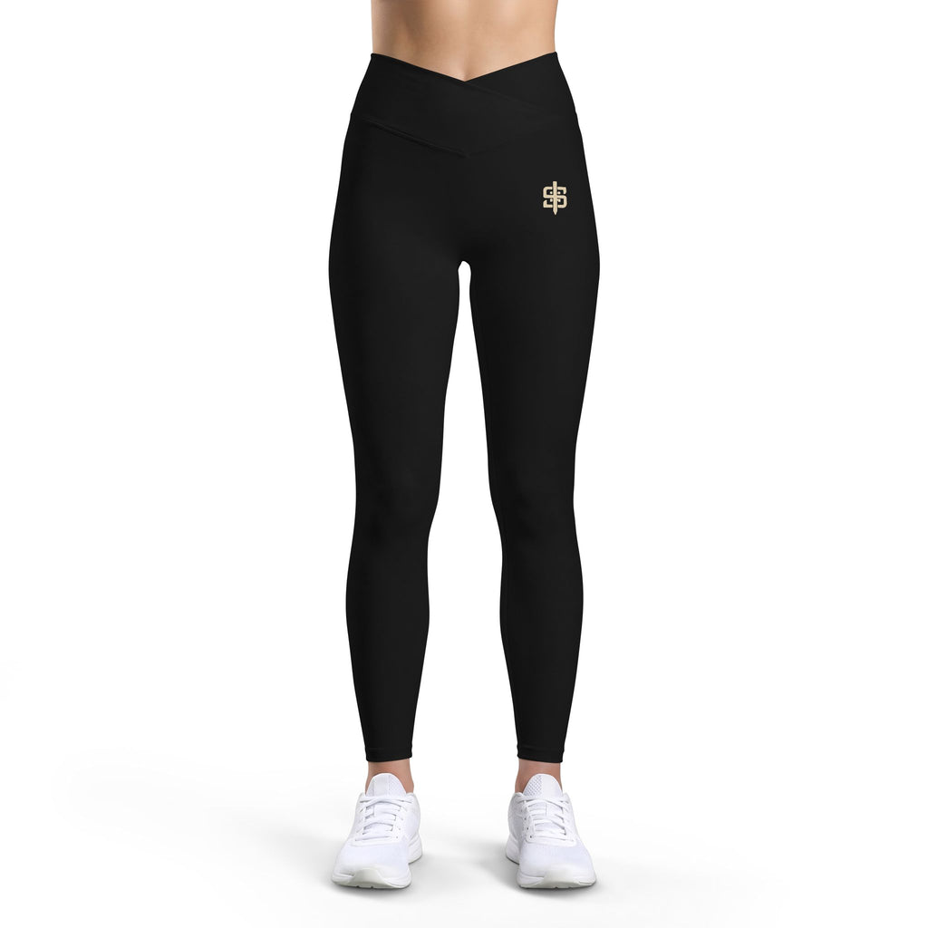 Black Luxe Leggings with Gold Monogram — Women’s High-Waist Athletic Leggings