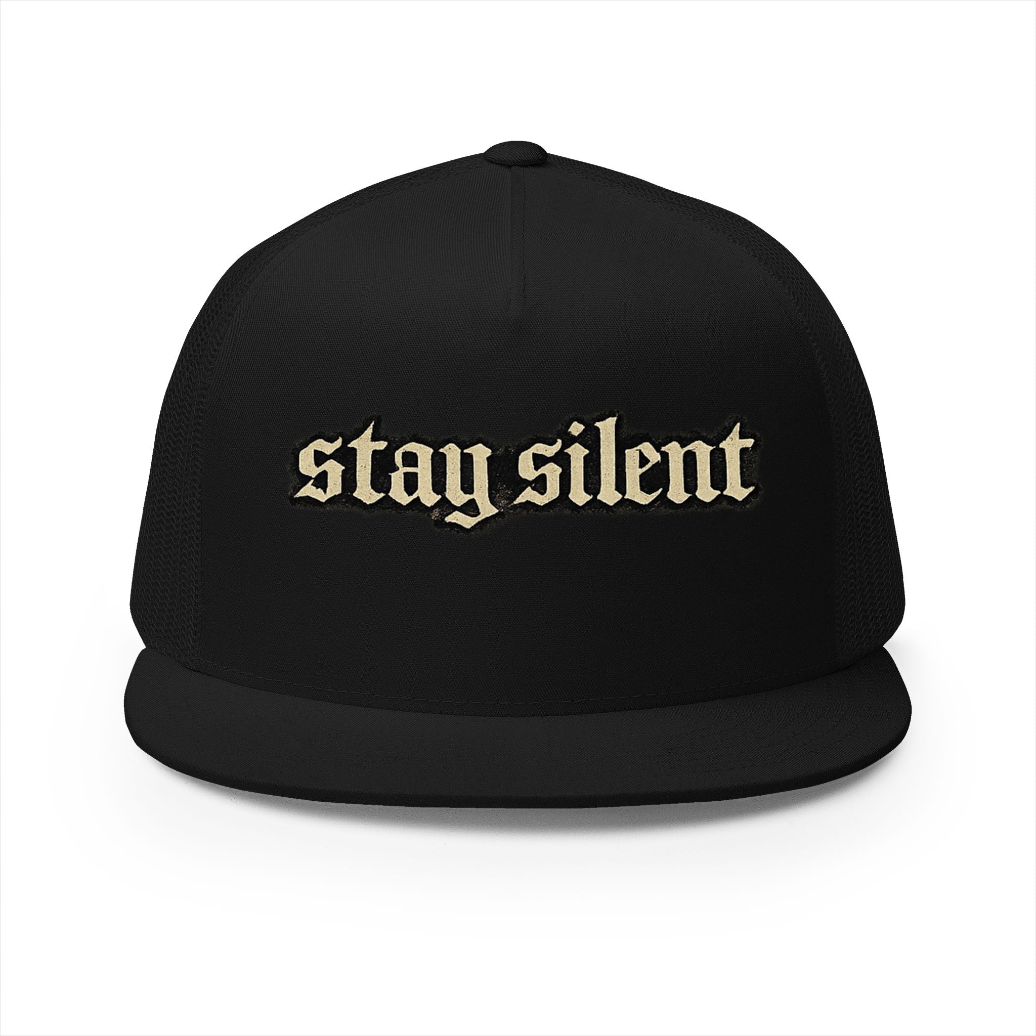 Stay Silent Trucker Hat – Retro Gothic Script Mesh Cap