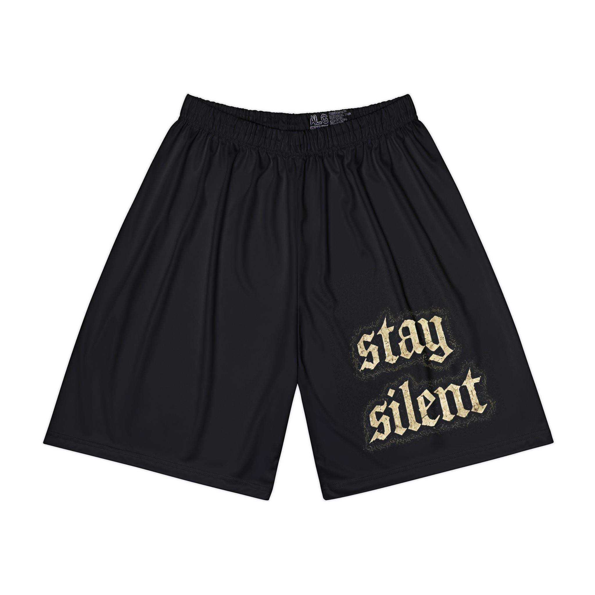 Stay Silent Men’s Sports Shorts — Black Athletic Gym Shorts with 'stay silent' Gothic Print