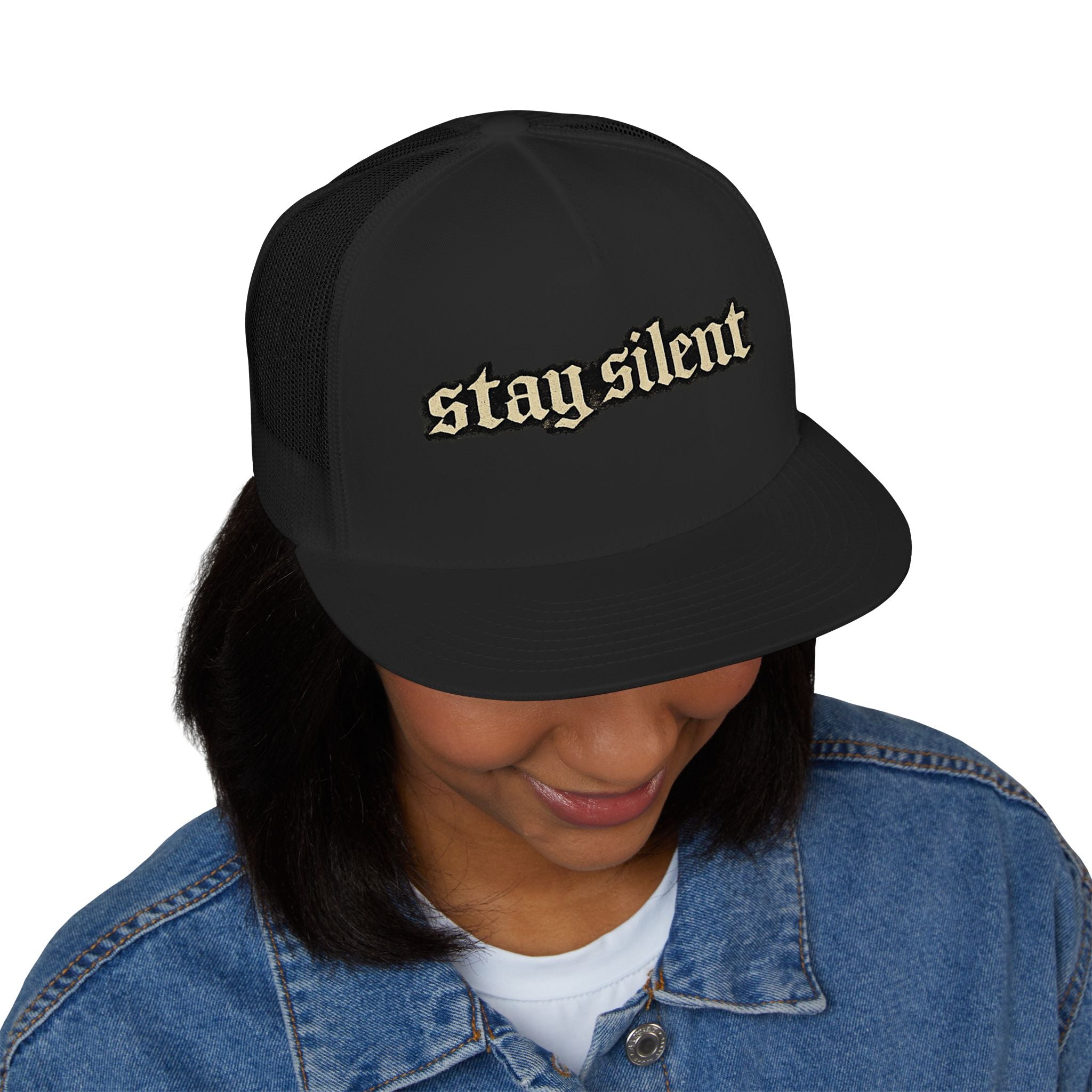 Stay Silent Trucker Hat – Retro Gothic Script Mesh Cap