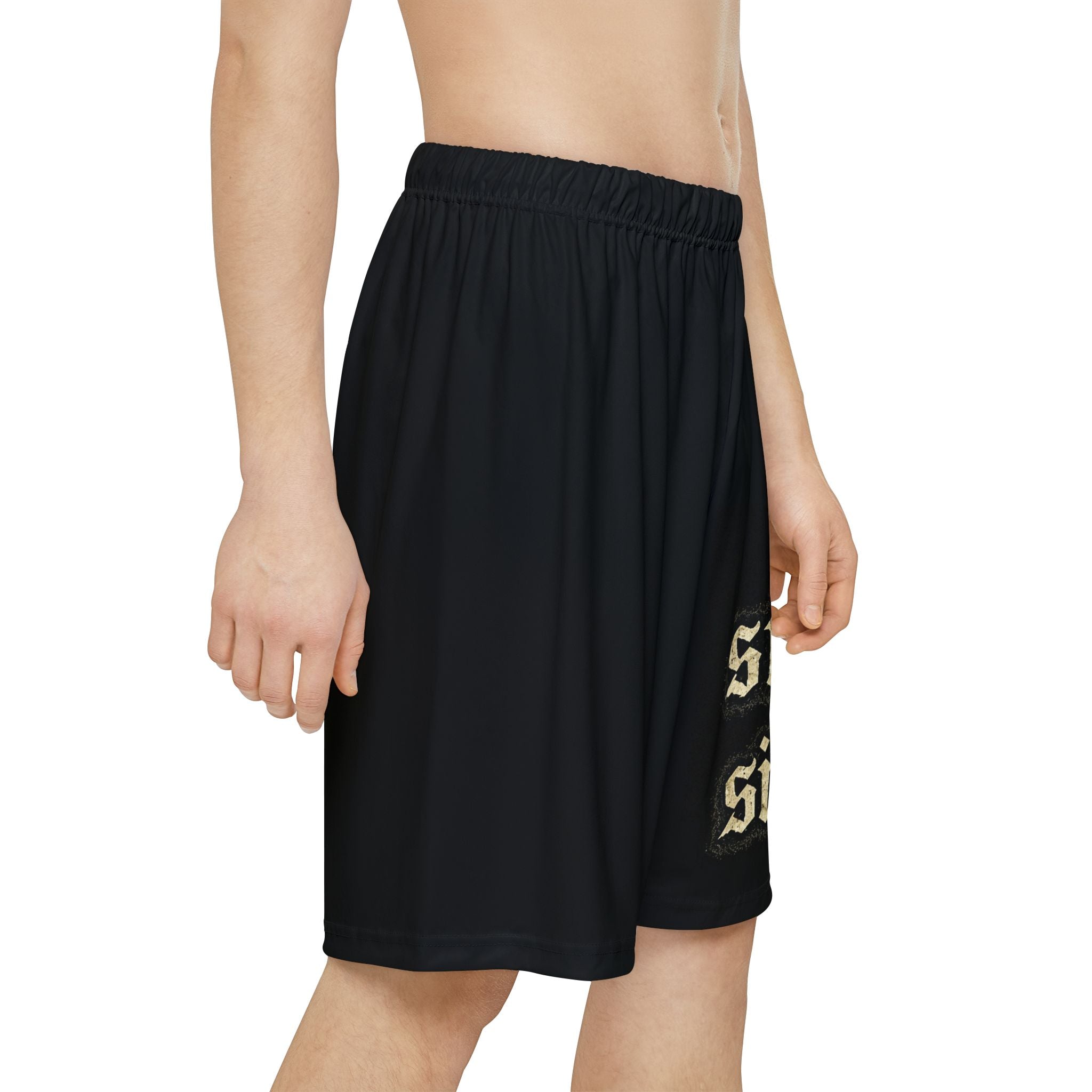 Stay Silent Men’s Sports Shorts — Black Athletic Gym Shorts with 'stay silent' Gothic Print