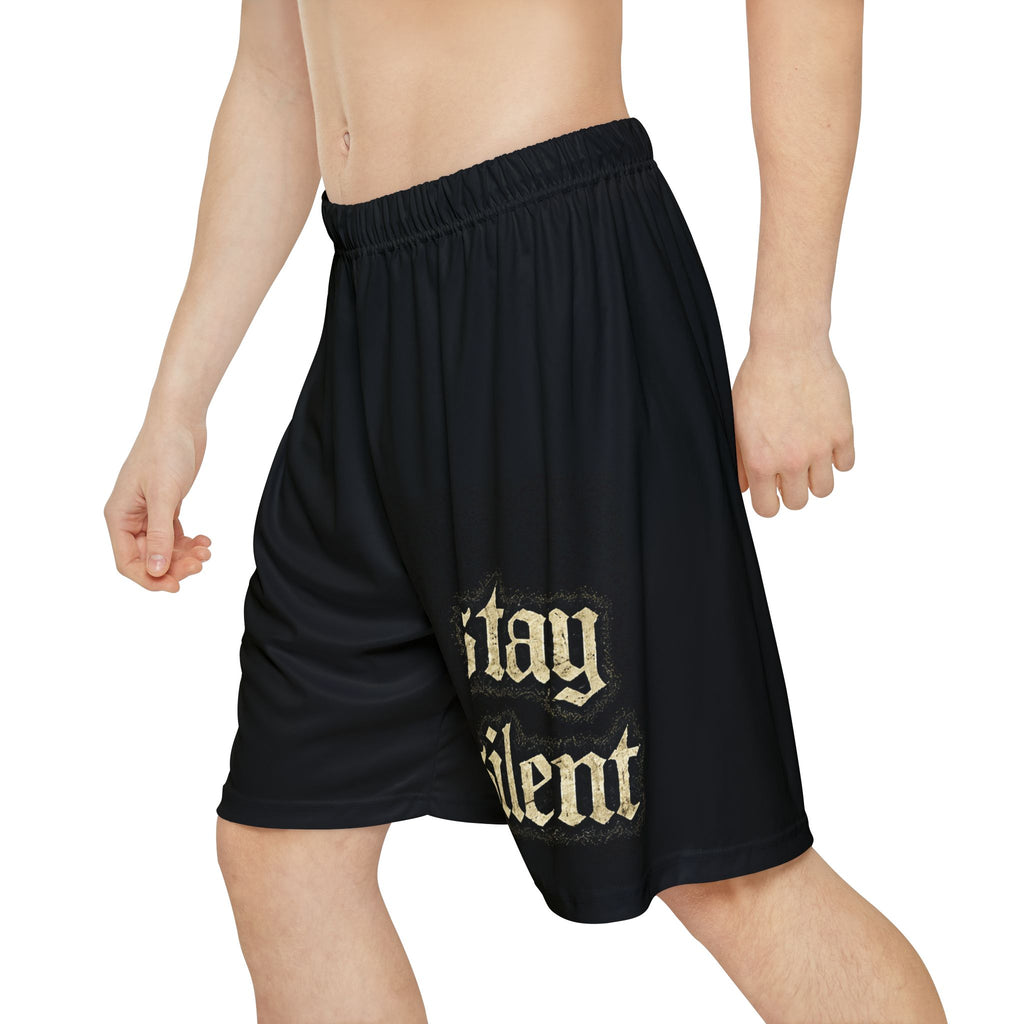 Stay Silent Men’s Sports Shorts — Black Athletic Gym Shorts with 'stay silent' Gothic Print