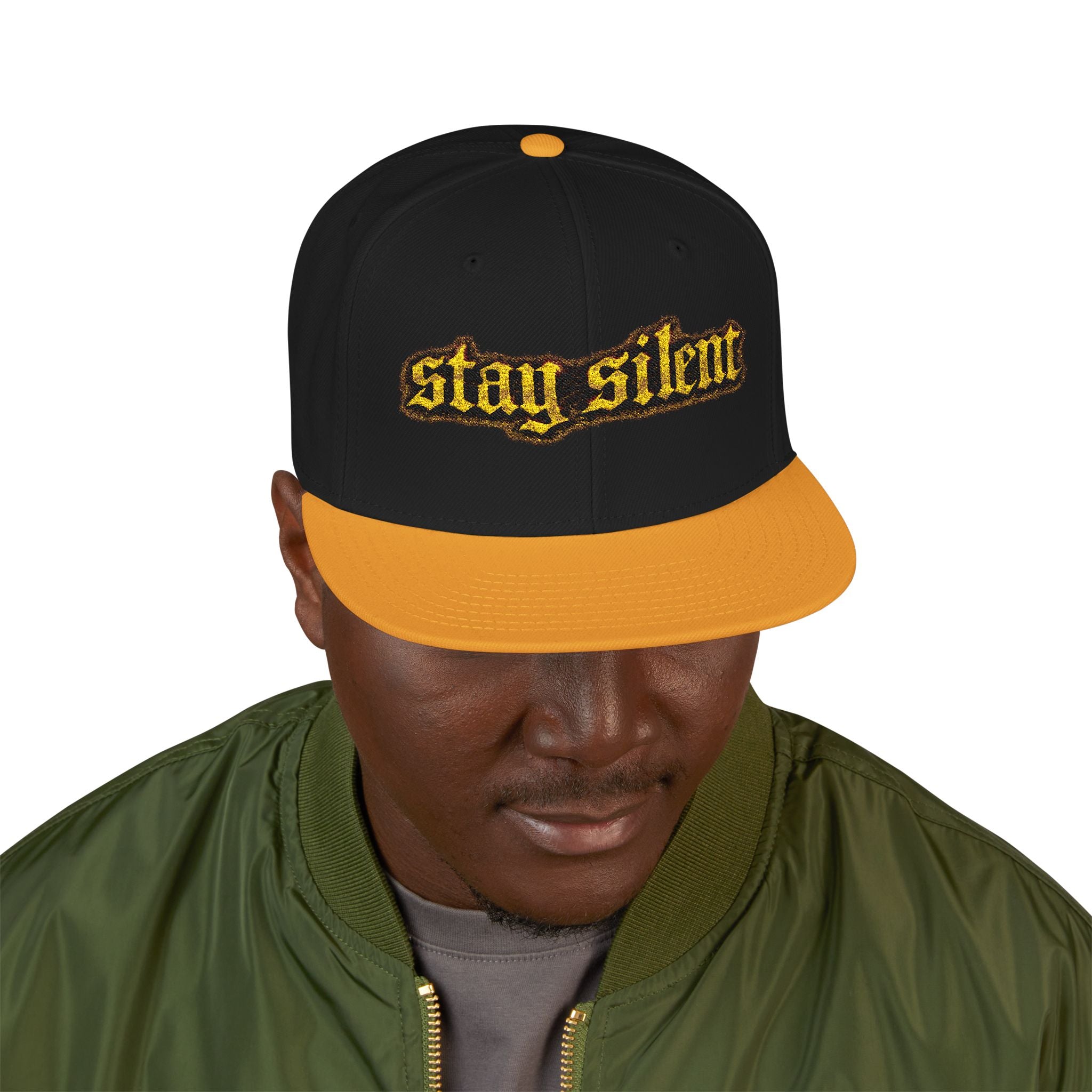 Embroidered 'Stay Silent' Flame Gothic Snapback Hat