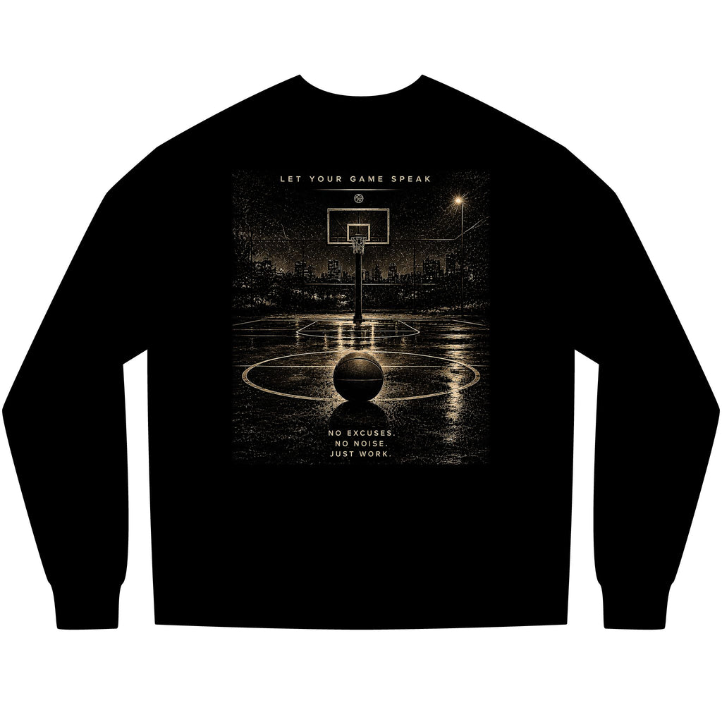 Basketball Graphic Long Sleeve Tee — “Stay Silent” Court Photo Design