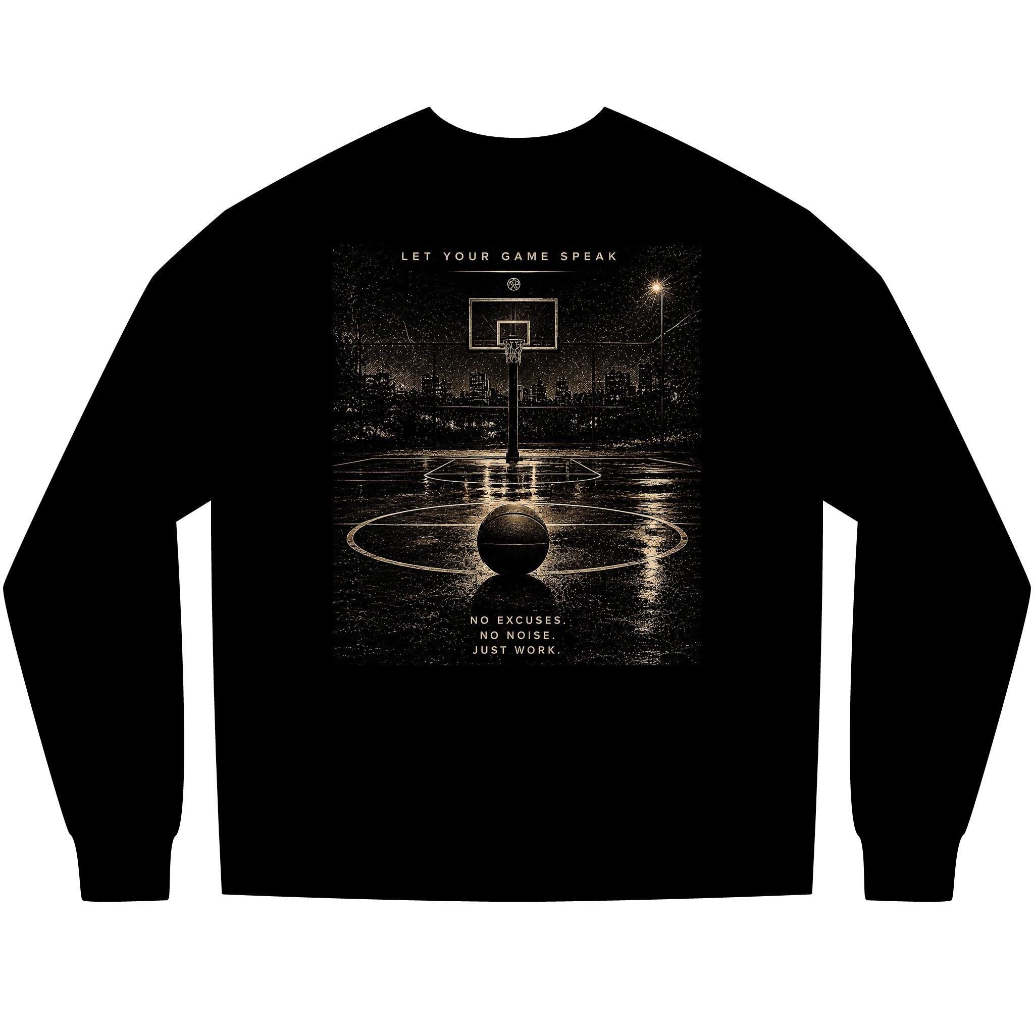 Basketball Graphic Long Sleeve Tee — “Stay Silent” Court Photo Design