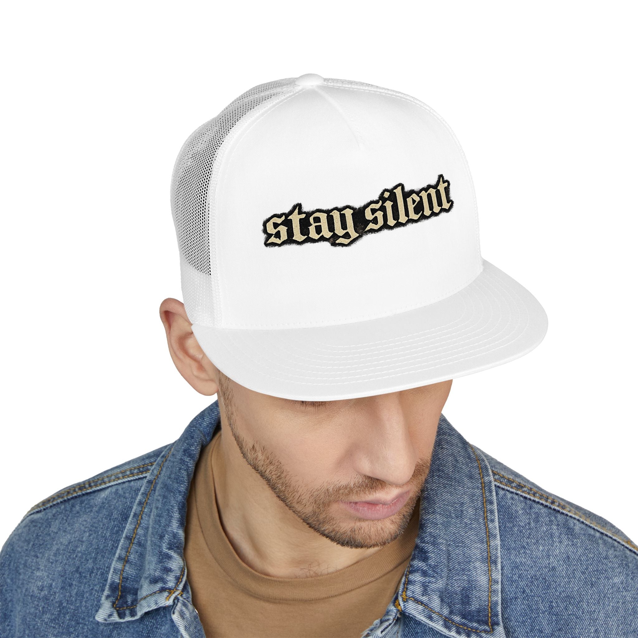 Stay Silent Trucker Hat – Retro Gothic Script Mesh Cap