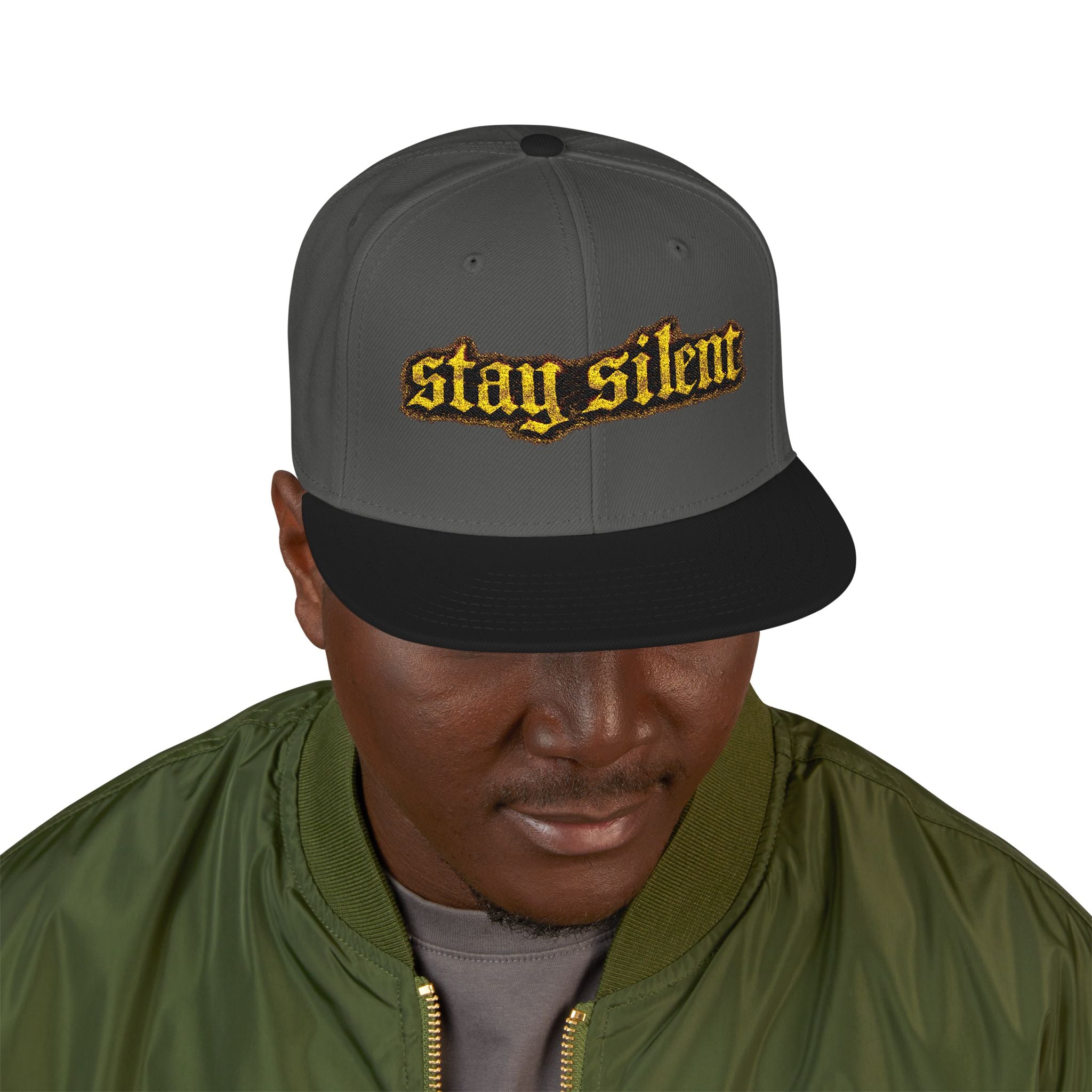Embroidered 'Stay Silent' Flame Gothic Snapback Hat