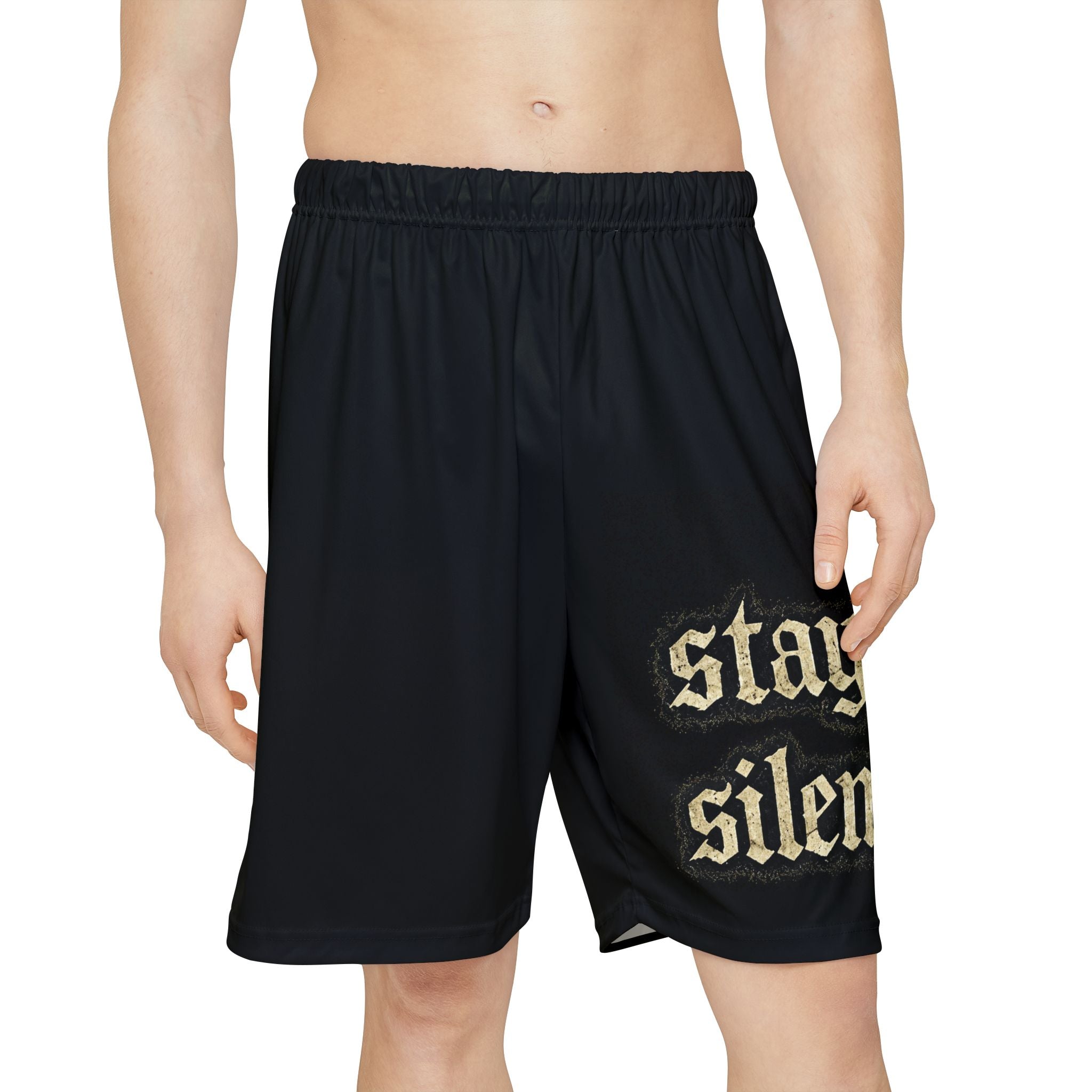 Stay Silent Men’s Sports Shorts — Black Athletic Gym Shorts with 'stay silent' Gothic Print