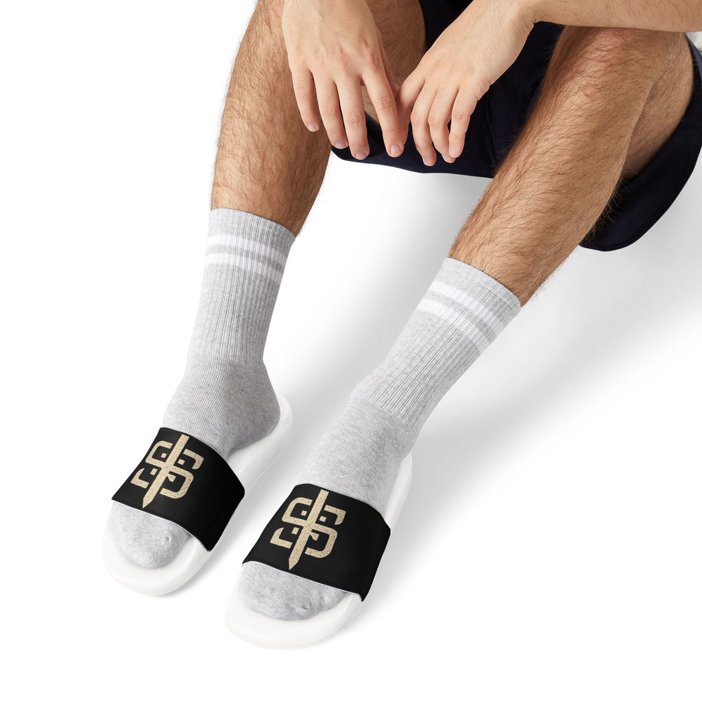 Slide Sandals — Black Strap Slides with Gold Stay Silent Emblem