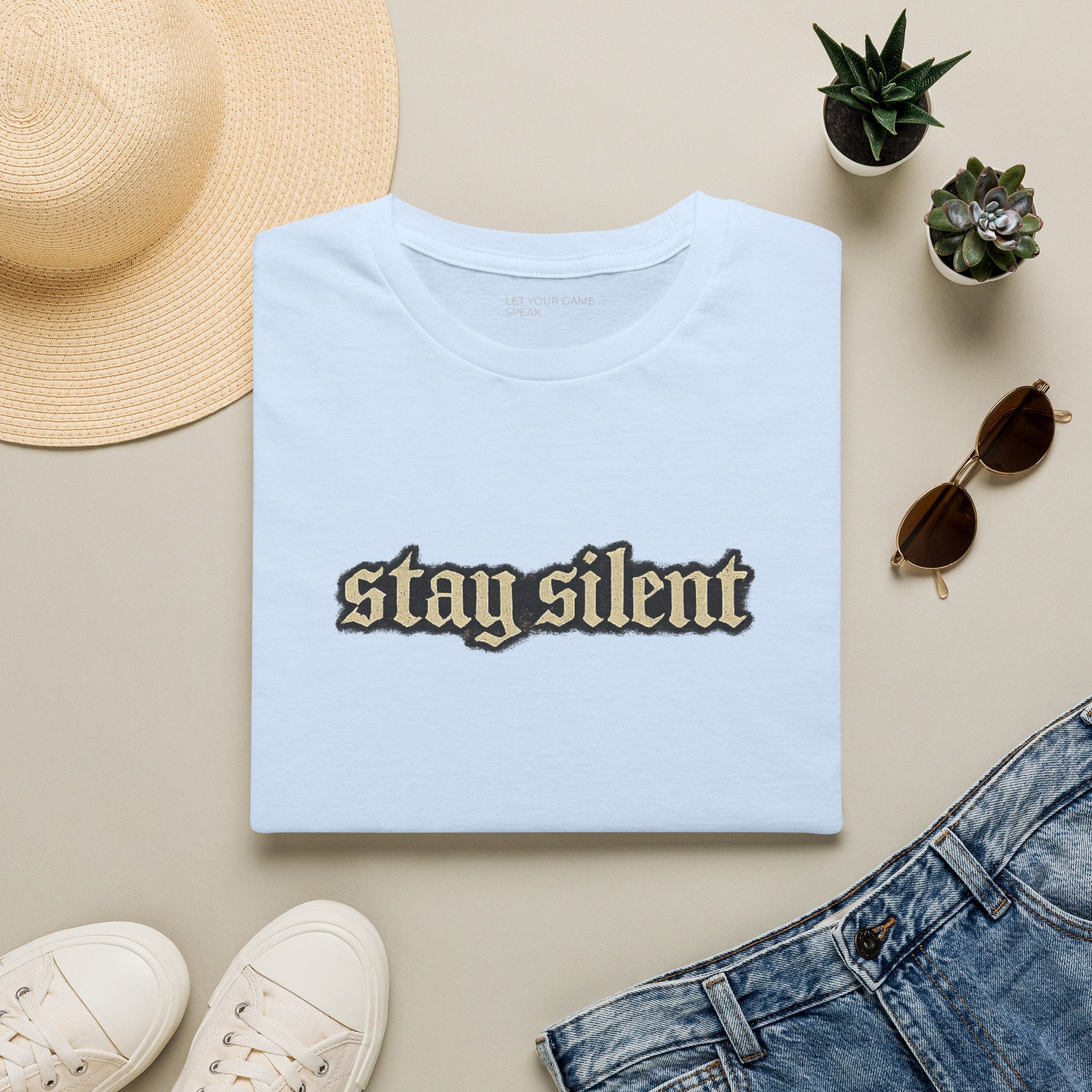 Stay Silent T-Shirt — Minimal Gothic Text Tee