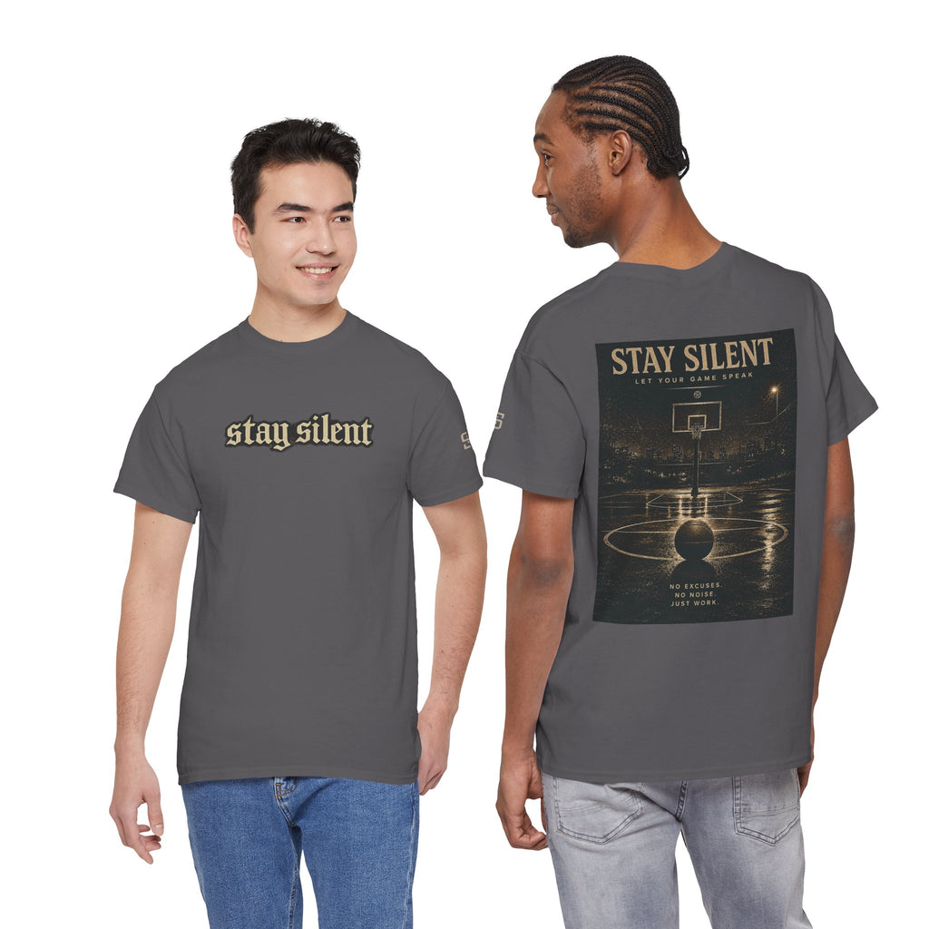 Stay Silent Basketball Poster Tee — Vintage Court Graphic T-Shirt