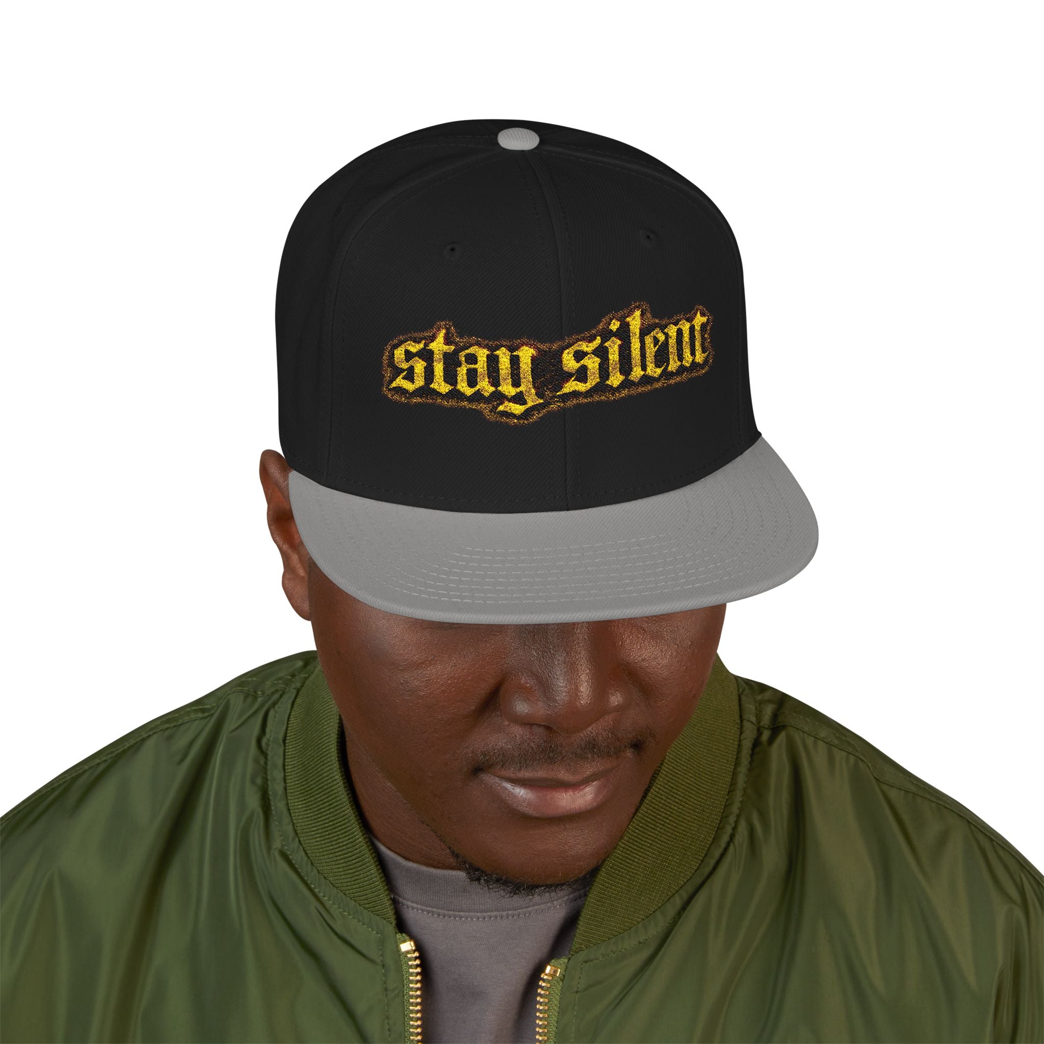 Embroidered 'Stay Silent' Flame Gothic Snapback Hat