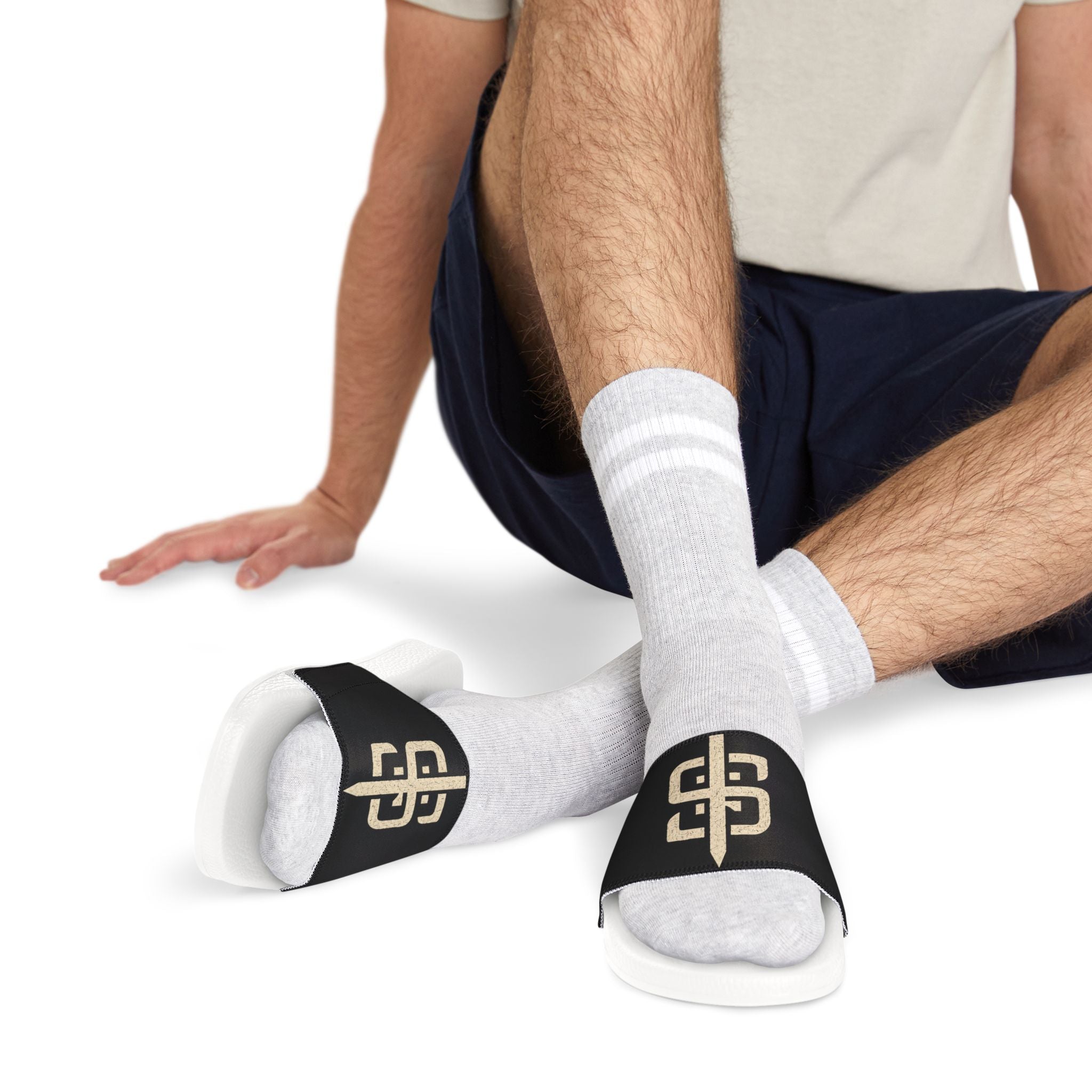 Slide Sandals — Black Strap Slides with Gold Stay Silent Emblem