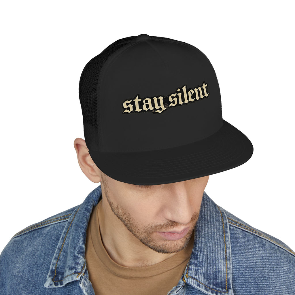 Stay Silent Trucker Hat – Retro Gothic Script Mesh Cap