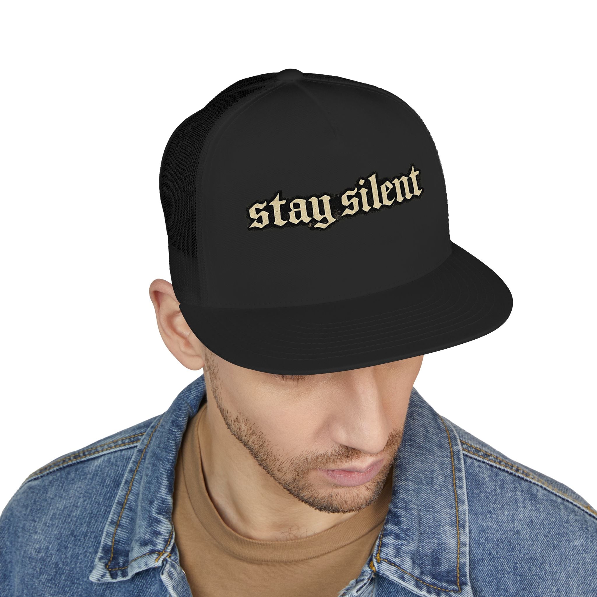Stay Silent Trucker Hat – Retro Gothic Script Mesh Cap
