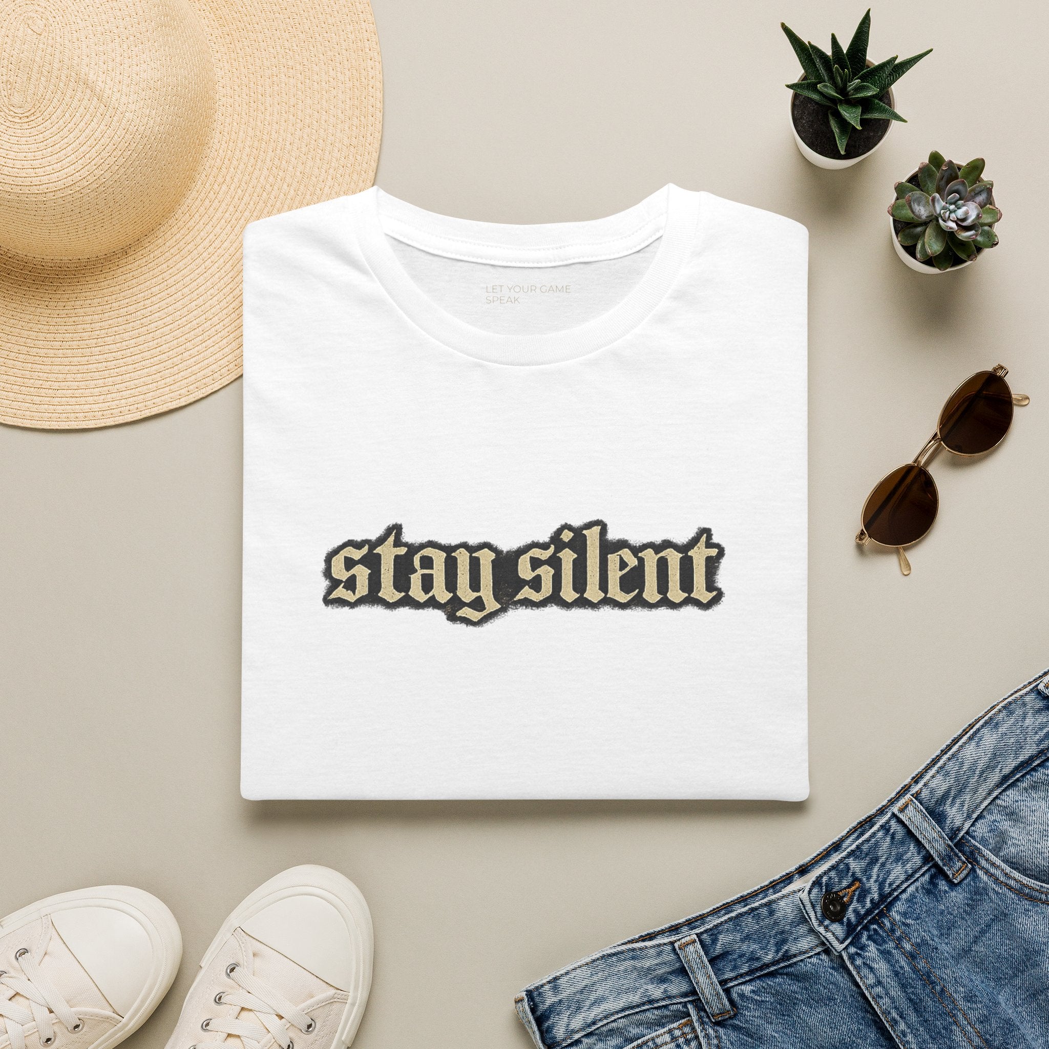 Stay Silent T-Shirt — Minimal Gothic Text Tee
