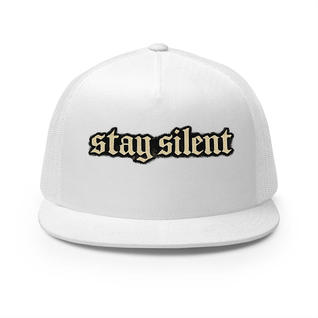 Stay Silent Trucker Hat – Retro Gothic Script Mesh Cap