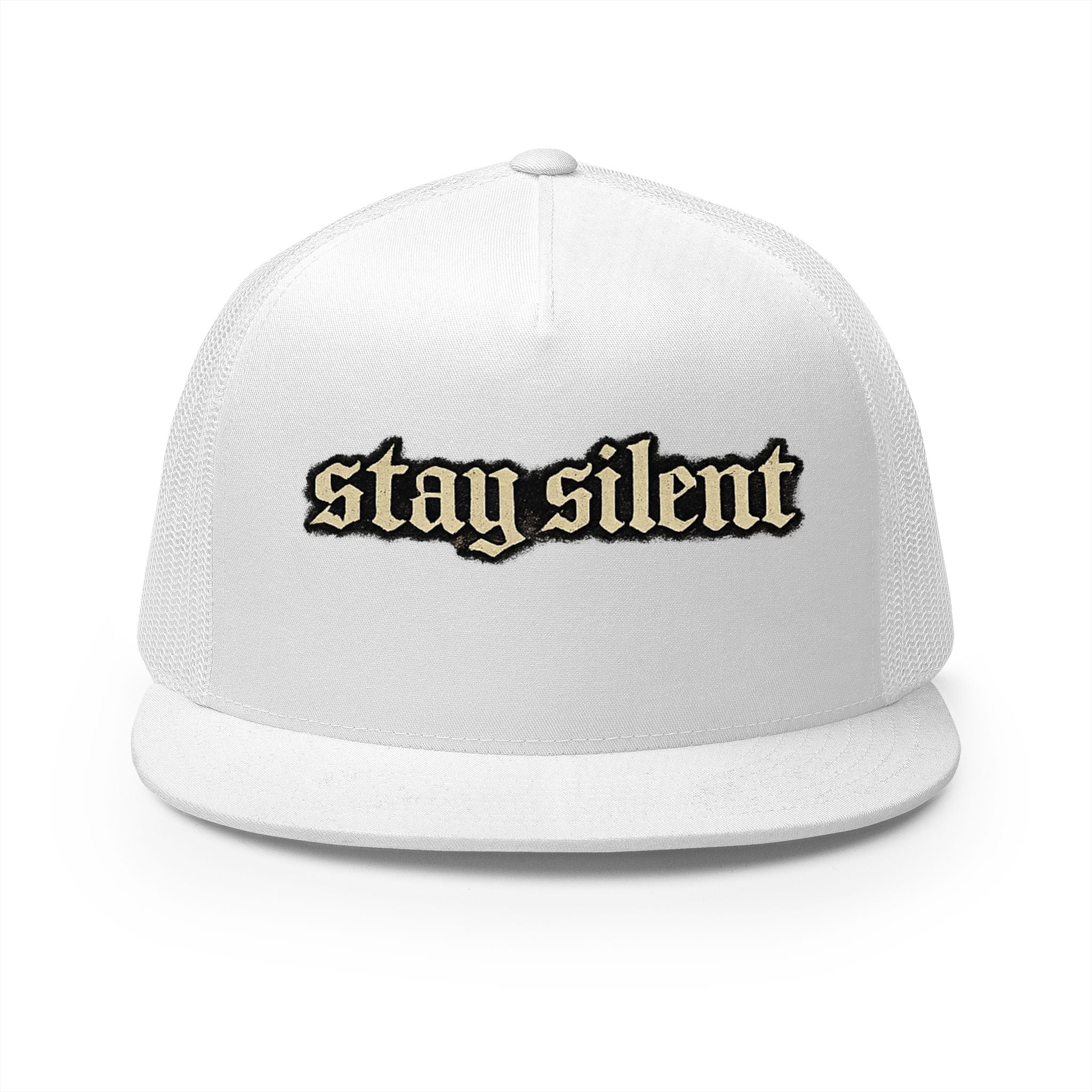 Stay Silent Trucker Hat – Retro Gothic Script Mesh Cap