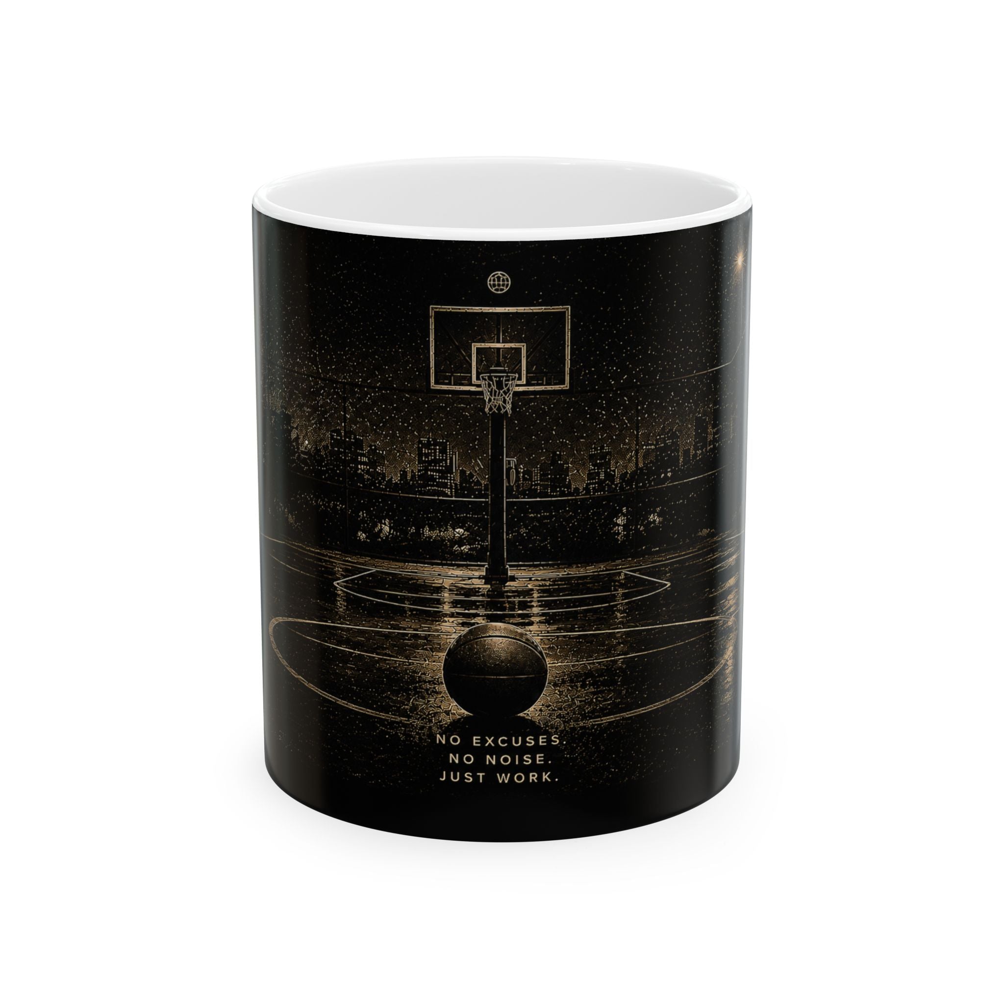 Basketball Motivational Mug - "No Excuses, No Noise, Just Work" Ceramic Coffee Cup (11oz & 15oz)