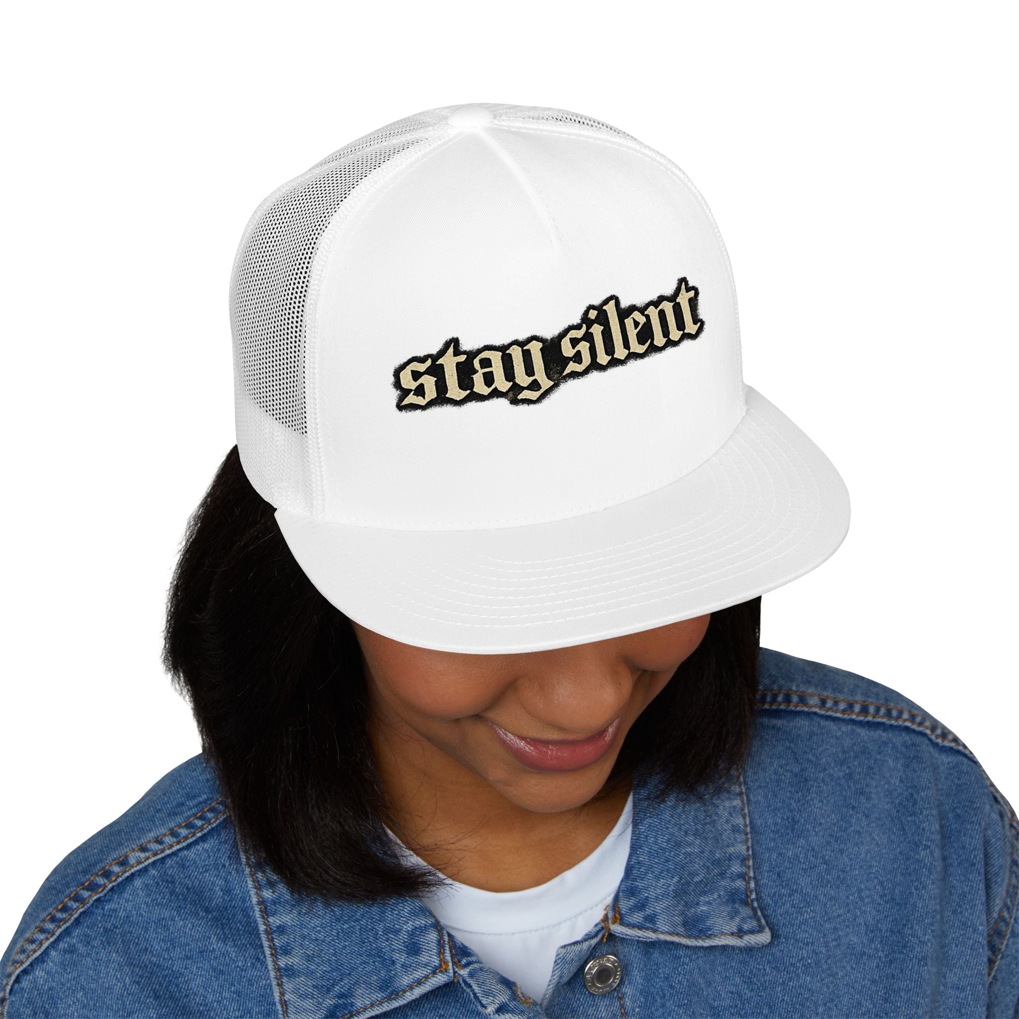 Stay Silent Trucker Hat – Retro Gothic Script Mesh Cap