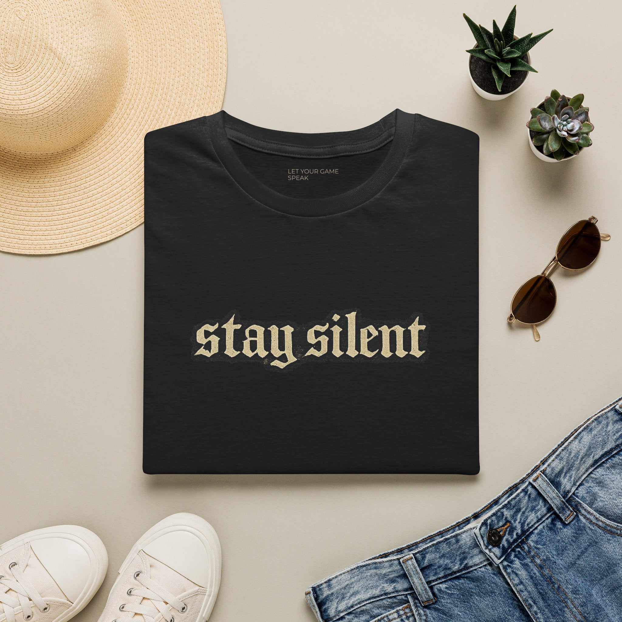 Stay Silent T-Shirt — Minimal Gothic Text Tee