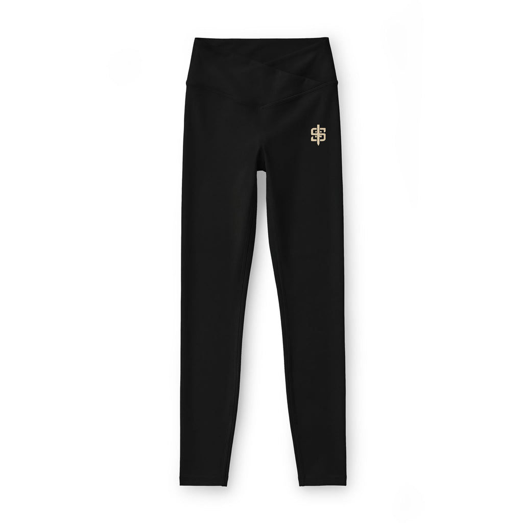Black Luxe Leggings with Gold Monogram — Women’s High-Waist Athletic Leggings